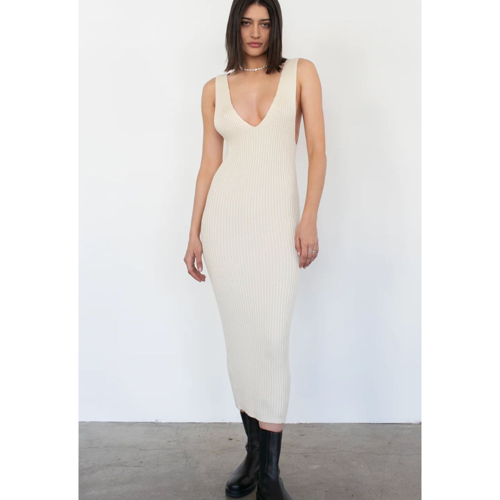 Trois Agnes Ribbed Midi Dress In Bone Sz 0 (X-Small)